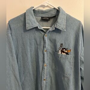 Vtg 90s Looney Tunes Embroidered Taz Daffy Bugs Denim Blue L Button Up Shirt LG